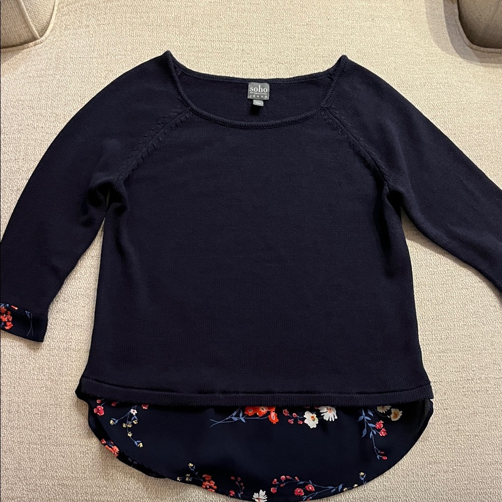 New York & Company Navy Top with Floral Hem